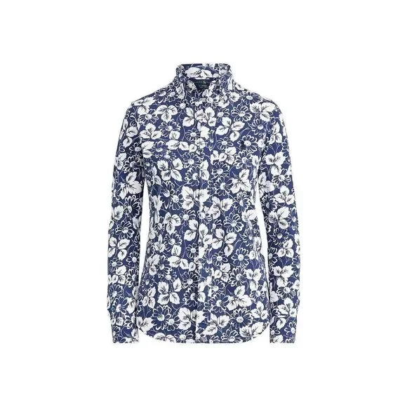 NWOT Polo Ralph Lauren Womens Floral Cotton Knit Oxford Shirt Navy White Medium - Picture 3 of 14